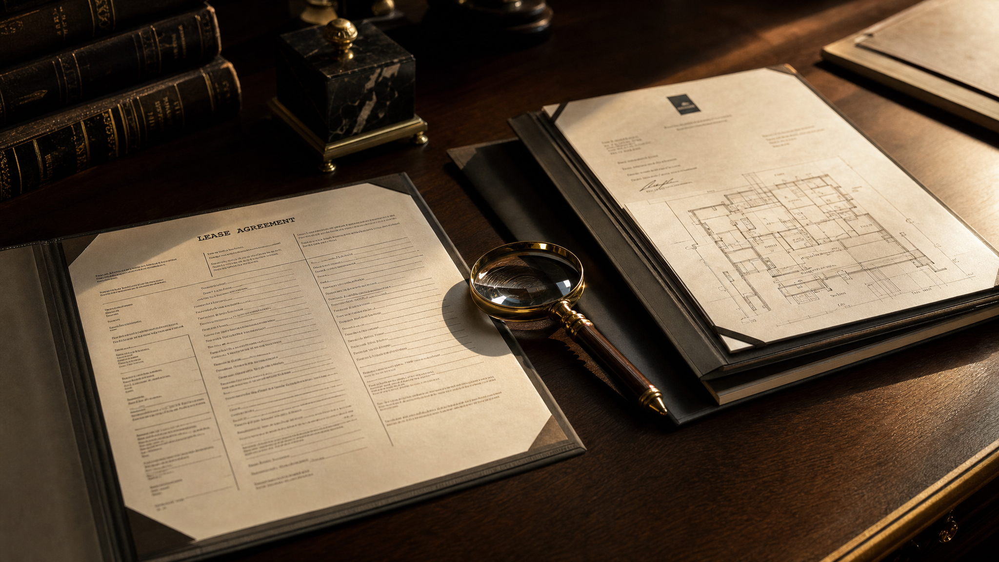 Commercial lease dispute review with file folders, lease document and magnifying glass