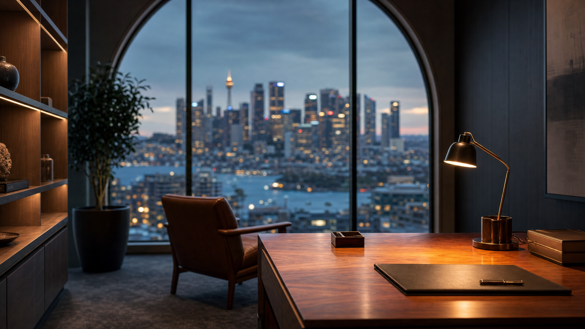 Quiet commercial property management office at dusk overlooking the Sydney skyline