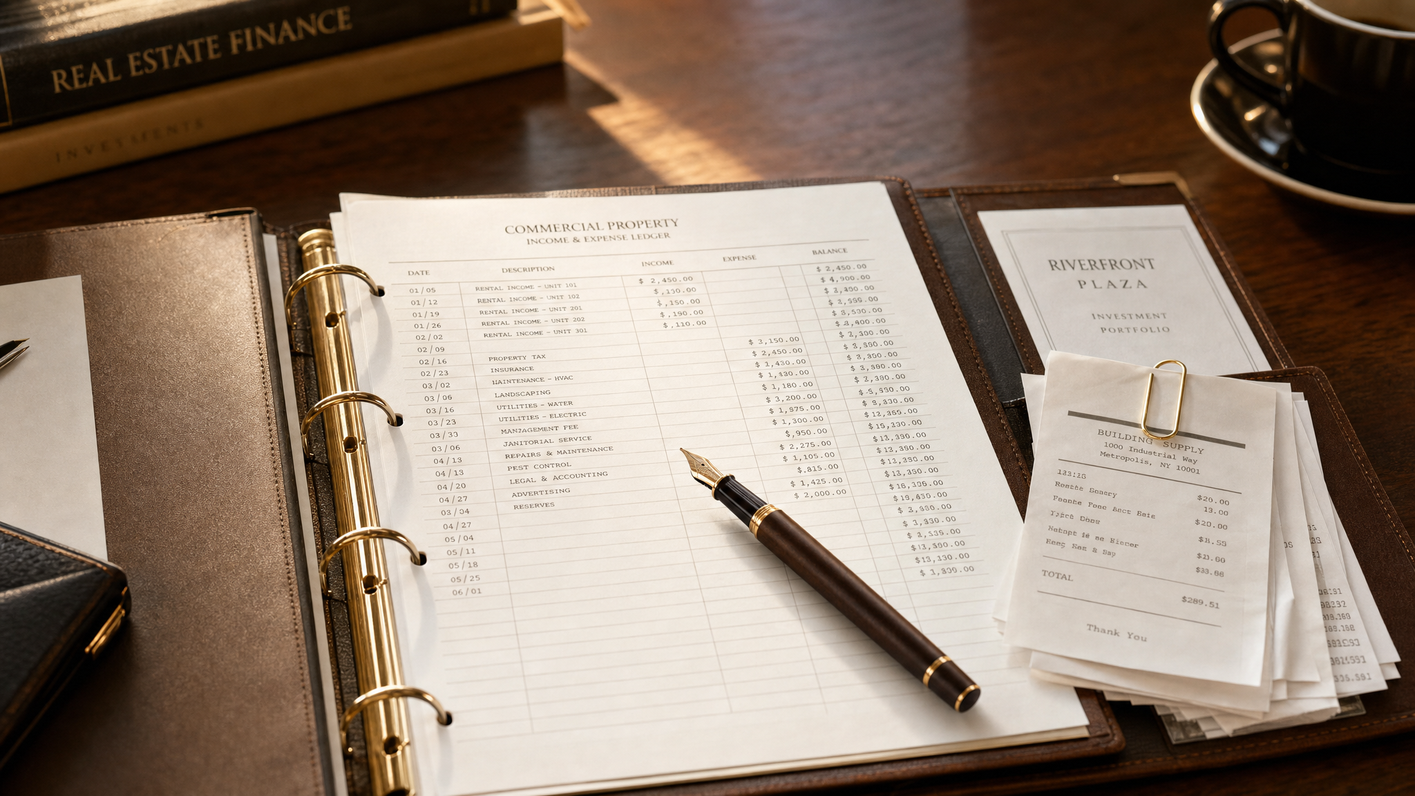 Open commercial tenant ledger binder showing reconciled monthly entries for a NSW landlord